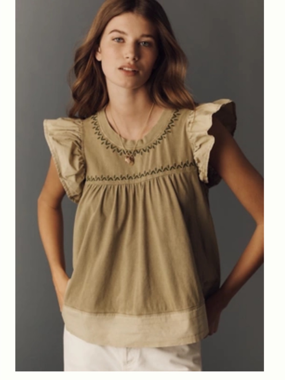 By Anthropologie Pintuck Flutter-Sleeve Top — Olive
